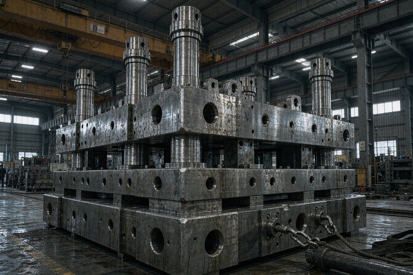 Custom mold base plates with stepped pockets and cooling bores under inspection